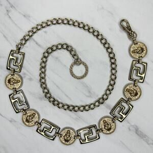 Vintage Gold Tone Greek Key Lion Head Medallion Chain Link Belt Small S Medium M